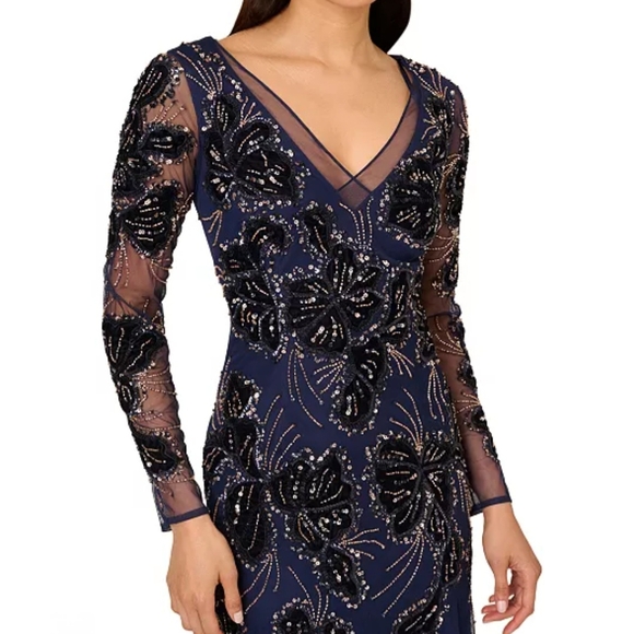 Adrianna Papell Women's Beaded Sheath Dress - Stripe Pattern Long Sleeve V-Neck